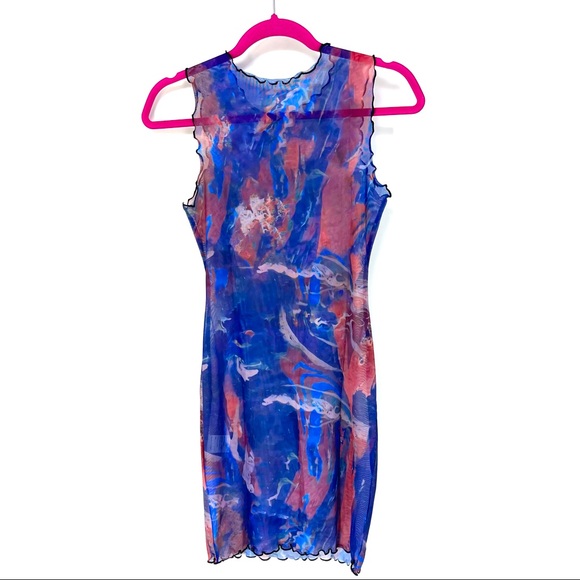 Small Blue Marble Print Lettuce Trim Mesh Dress - Picture 4 of 7